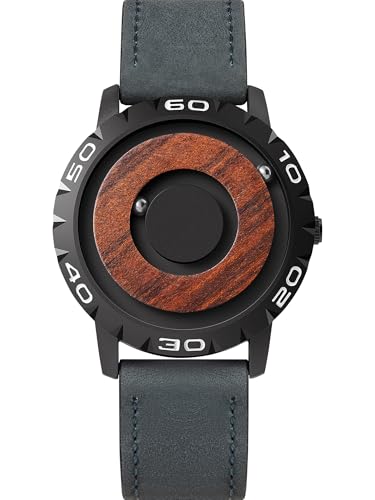 EUTOUR Reloj de Madera para Hombre Magnetico Cuarzo Sin Vidrio Rodamiento de Bolas Relojes de Pulsera para Hombres con Correa en Cuero Azu