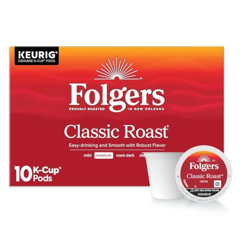 Folgers Classic Roast Coffee, Medium Roast, Keurig K-Cup Pods, 10 Count Box