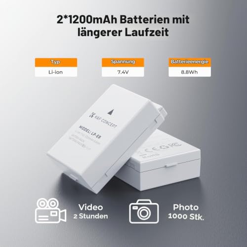 K&F CONCEPT LP-E8 Akku 2 Stück mit Dual Slot Ladegerät, Kompatibel mit Canon EOS 700D 650D 550D X7i X6i X5 und Anderen Kameras – Ansicht 2