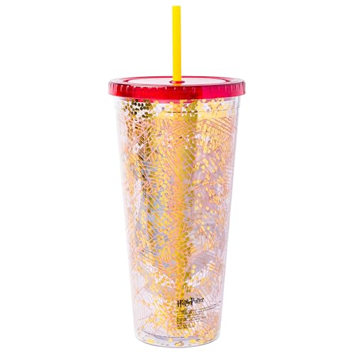 Image of Silver Buffalo Harry Potter Hogwarts Crest, Plastic Cold Cup, 32oz | Gryffindor, Slytherin, Hufflepuff and Ravenclaw, Confetti, Lid, Straw, 0.95 Liters