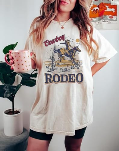 Women's Western Cowboy Shirts Vintage Rodeo Graphic Oversized Tops Country Music Tees Short Sleeve Cowgirl T-Shirt3