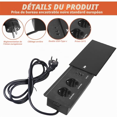 Prise de bureau encastrée escamotable avec double USB Type C - 3
