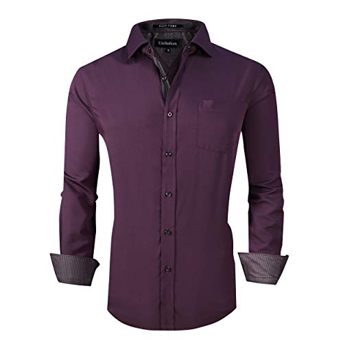 UniFashion Men's Dress Shirt Regular Fit Long Sleeve Solid Bamboo Non Iron Button Down Shirts,Purple,M