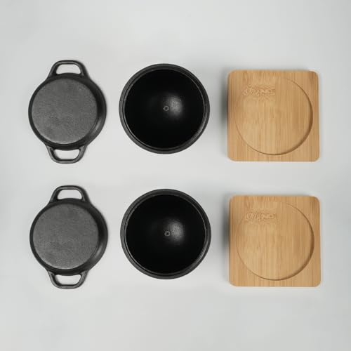 Image of HAWOK Cast Iron Garlic Roaster with Bamboo Tray, Dia. 3.94 inch, BBQ Grill Garlic Baker, Mini Cocotte, Set of 2, Pre-Seasoned