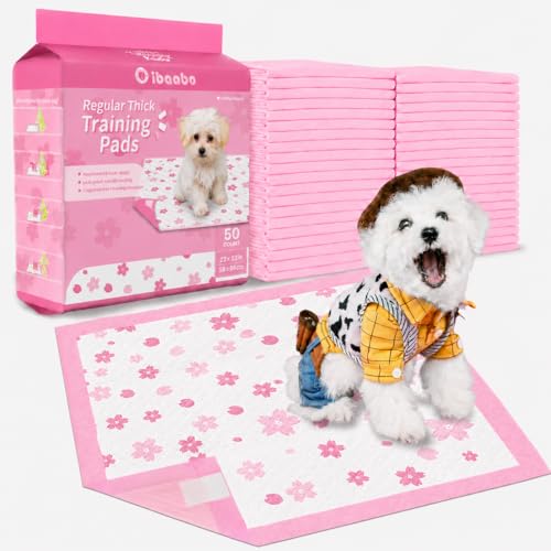 Image of Cibaabo Pink Puppy Pads with Adhesive Tabs 22x22in 50 Count Absorbent | Cute Cherry Blossom Design | Dog Potty Training Pee Pads | Leak-Proof | Quiky-Dry | for Puppies, Small Dogs, Cats, Rabbits
