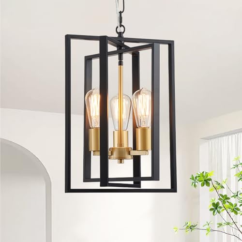 peskoe Black Gold Chandelier 3-Light, Modern Farmhouse Dining Room Light Fixture, Geometric Pendant Chandelier for Living Room Kitchen Bedroom Hallway, Metal Hanging Ceiling Lamp