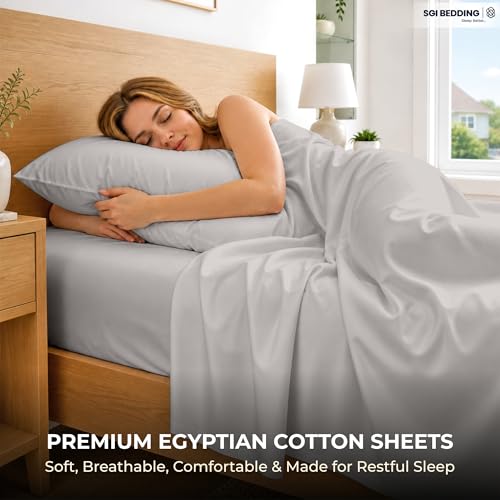 Image of SGI bedding 100% Egyptian Cotton Sheets Twin XL Size - 600 Thread Count Sheets Set, Soft, Cooling, 15 inch Deep Pocket, Luxury Hotel Bedding, Breathable, Durable - Light Grey