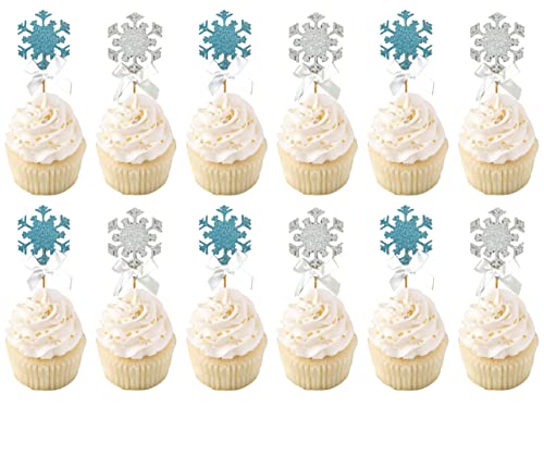 Snowflake Cupcake Toppers Frozen Cupcake Toppers Winter Snowflakes Decoration Light Blue&Silver With A Silk Ivory Bow. Christmas Decoration , Frozen Party Toppers 12 Ct. #TOP1