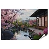 islandburner XXL Bild Poster Traditionelles japanisches Haus mit Kirschblüten für Wohnzimmer Liebhaber Teegeschäft Premium Bilder Fotodruck