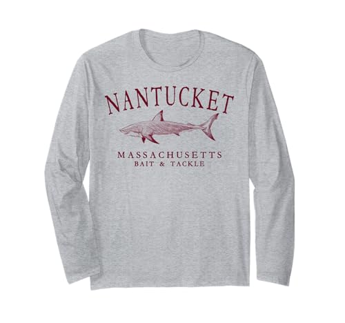 Nantucket Massachusetts Tiburón Retro Arqueado Borgoña Letras Manga Larga