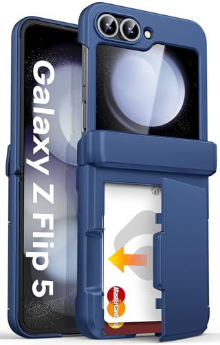 Image of ASAFCASE for Samsung Galaxy Z Flip 5 Case with Card Holder (3 Cards), Blue | Hinge Protection, Outer Screen Protector, Shockproof Rugged Cover Phone Wallet Case for Samsung Galaxy Z Flip 5 5G 2023