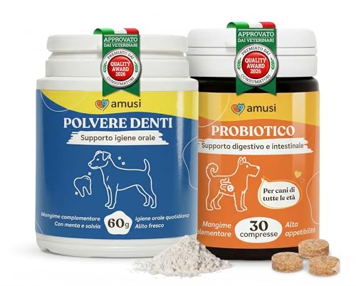 amusi Dentifricio per Cani in Polvere + Probiotici - Igiene Orale & Supporto Digestivo - Fermenti Lattici, Alito Fresco e Riduzione Placca, Intestino Sano