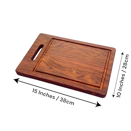 Image of Hutson Sheesham Wood Cutting Board 15 Inch with Handle & Juice Groove - Wooden Chopping Board for Kitchen, Meat, Vegetables, Charcuterie & Serving Board