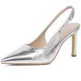 Susanny Women's Silver Slingback Heels Pointed Toe Closed High Metallic Heels Sexy Stiletto Comfortable Pumps Ankle Strap Casual Wedding Bridal Party Office to Evening Dress Shoes 9