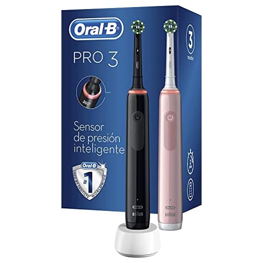 Oral-B Pro 3 3900 Conjunto De 2 Cepillos de Dientes Eléctricos + 2 Mangos con Sensor de Presión Visible, 2 Cabezales de Recambio, Rosa y Negro, Diseñados por Braun