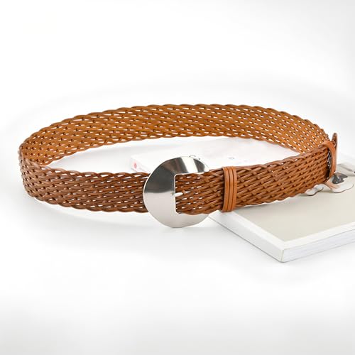 Women Braided Leather Belt for Jeans and Dresses 1.8 Inch Wide Hand Woven Western Belts with Silver Buckle3