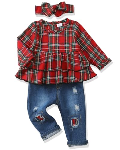 Image of 2T 3T Girl Clothes Fall Winter 2T 3T Girls Outfits 2-3 Year Old Girl Gifts Red Green Plaid Ripped Denim Jeans Adorable Toddler Clothes for Girls 2T-3T