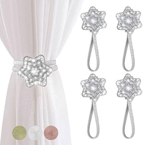 FACIACC 4-Pack Magnetic Curtain Tiebacks, Curtain Holder Decorative Drapery Curtain Buckle with Strong Spring Rope Magnetic Crystal Tiebacks for Home Window Kitchen Treatment (Star-Silver)