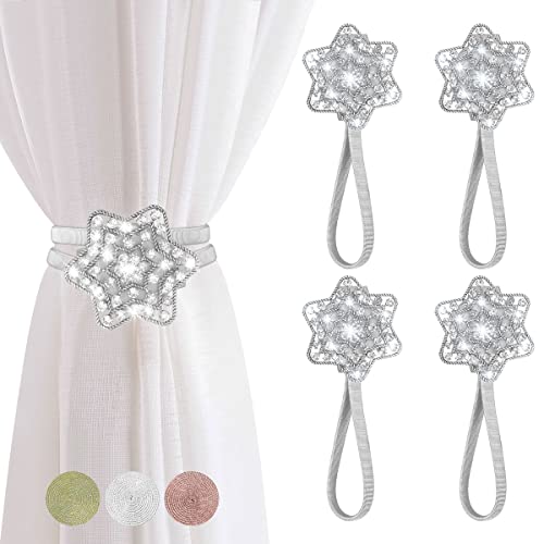 Faciacc 4-Pack Magnetic Curtain Tiebacks, Curtain Holder Decorative Drapery Curtain Buckle With Strong Spring Rope Magnetic Crystal Tiebacks For Home Window Kitchen Treatment (Star-Silver) #TOP1