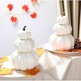 Wonderjune 2 Pcs Fall White Crafts Stacked Pumpkin Decoration Foam Fake Artificial Stackable Pumpkins DIY Table Centerpiece for Halloween Thanksgiving Indoor Outdoor Home Kitchen Party Decor