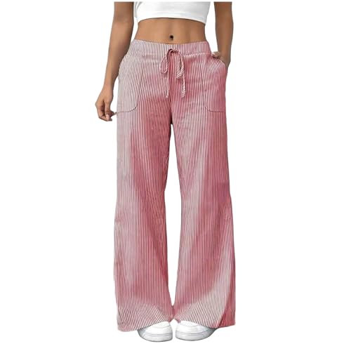 Generico Pantaloni Lino Donna Pantalone A Vita Alta Casual Pantaloni Estivi con Tasche Gamba Larga Pantalone Lunghi Palazzo Pants per Business Ufficio Pants Comodi Elastico Fluidi in Cotone