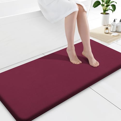 Smiry Memory Foam Bath Mat 47x17, Extra Soft and Absorbent Bathroom Mats, Non Slip Washable Carpet for Floor, Shower and Tub, Burgundy