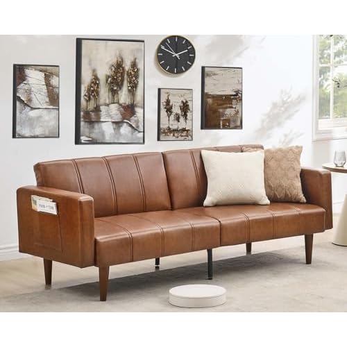 GOCAPTAIN 75" Convertible Futon Sofa Bed, Mid-Century Modern PU Leather Couch with Adjustable Backrest, Sleeper Loveseat with Side Pockets, Easy Assem