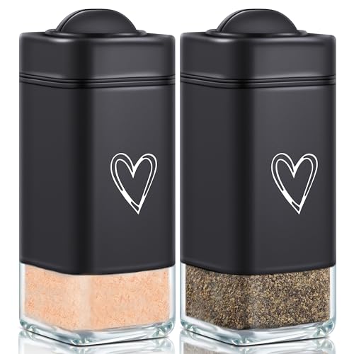Salt and Pepper Shakers Set – Stainless Steel & Glass, Moisture-Proof with Lids, Modern Cute Heart Pattern Design Dispenser for Kitchen Gadgets Cooking Table RV Camp BBQ (black)