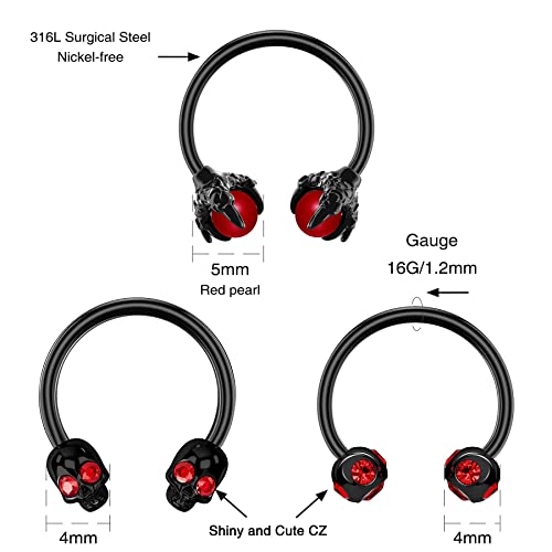 Oufer 6Pcs Septum Nose Ring Hoop, 316L Stainless Steel Helix Earrings, Skull Daith Tragus Cartilage Piercing Jewelry, Claw Captive Bead Rings #TOP5