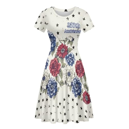 Image of POLERO Women Puffy Swing Elegant Party Midi Dresses Short Sleeve Round Neck A-Line Dress