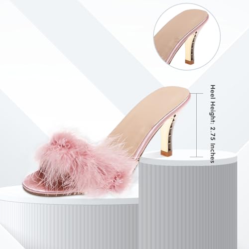 YIBLBOX Women's Round Toe Sandal Fluffy Feather Sexy Slippers Kitten Heeled Slippers3