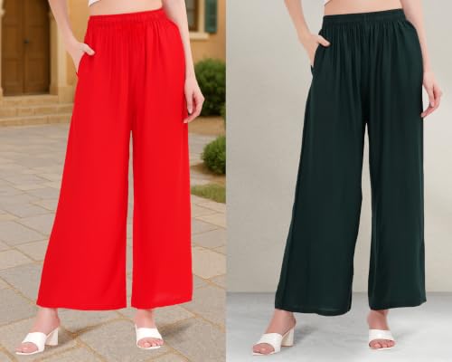Image of Buy That Trendz Palazzo Pants for Women Rayon Elasticated Regular Fit Flared Wide Leg M to 6XL Pack of 2