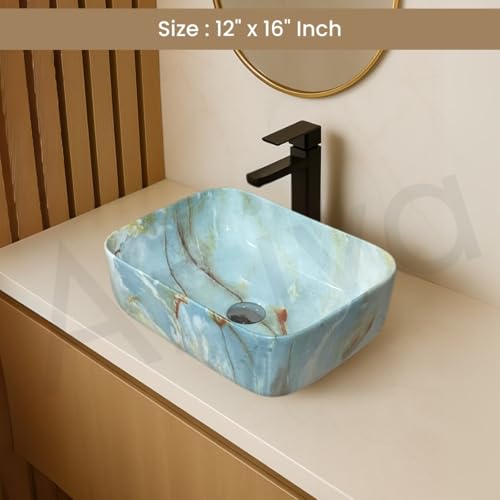 Image of Artiva Ceramic Wash Basin /Tabletop Washbasin For Bathroom,12 inchx16 inch /Small Countetop Bathroom Basin /Table Top Basin For Home,Office,Hotel /Rectangle Glossy Sink (Marble Green,12x16 Inch)