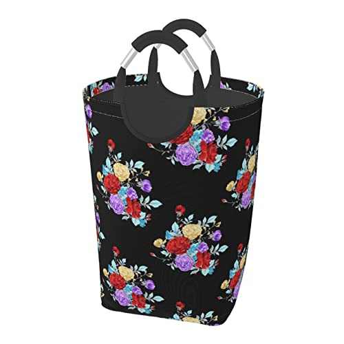 粋な花柄 ット ハンドル付き 洗濯かご おもちゃ 収納オーガナイザー 折りたたみ式バケツ 洗濯箱 汚れた衣類バッグ 自宅 バスルーム 寝室 寮用