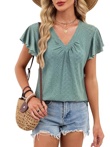 Iyalezirk Tops de Verano para Mujer, Camisetas de Corta con Volantes, Cuello en V, Túnicas con Ojales, Camisetas Casuales Holgadas Verde Profundo L