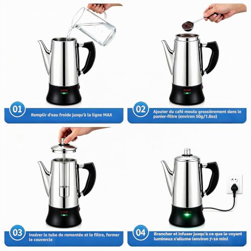 KFO Percolateur Électrique 12 Tasses 1.8L - Acier Inoxydable 304, Base 360°, Maintien Au Chaud, Couvercle Verre Antigoutte – vue 4