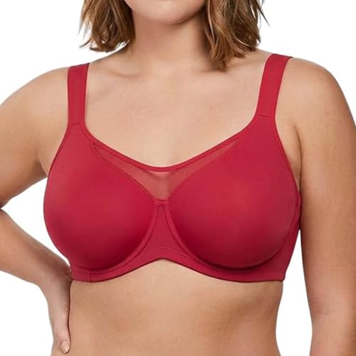 Women’s Sheer Full Coverage Minimizer Bra – Unlined Wireless Support Bra, Elegant Lace Mesh Comfort Minimizer (38,A,Red)