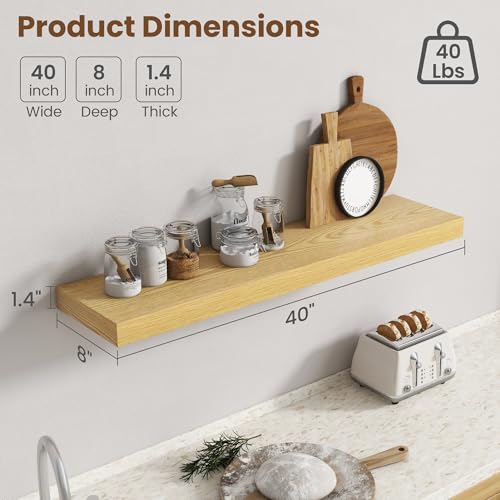Image of 40 Inch Floating Shelves for Wall, 8 Inch Deep Floating Shelf for Storage & Display, Rustic Wall Mounted Shelf with Invisible Brackets for Living Room, Kitchen, Bathroom, Home Decor, Set of 2, Oak