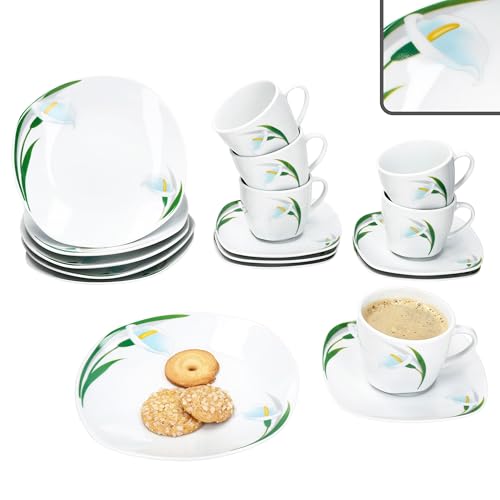 MamboCat 18tlg Kaffeeservice White Calla I Florale stilvolle Porzellan-Geschirr mit Blumen-Dekor für 6 Personen I Je 6X Tassen 150ml, Untertassen & Teller für Frühstück & Kaffee