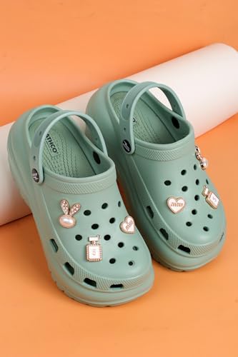 Image of ATHCO Roxxie Clogs For Women's|Girl's| Dual-Color Soft EVA Cushioned With Massage Footbed|Easy Wear with Adjustable Back Strap|Lightweight Platform Heels|Flexible|Breathable|Extra Soft Comfortable Anti-Skid Casual Mule|All-Season|Summer|Monsoon|Rain|Winter|Waterproof|Casual Slip-On Sandal with Cute Charms & Chunky Design|Indoor & Outdoor Wear|Trendy|Fashionable|Stylish|Shoes
