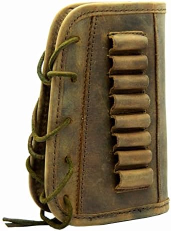 Leather Gun Buttstock Cover Cheek Rest pad with Rifle Shell Holder Ammo Cartridge 30-06,30-30 .308 (Left Hand - Rustic Brown)