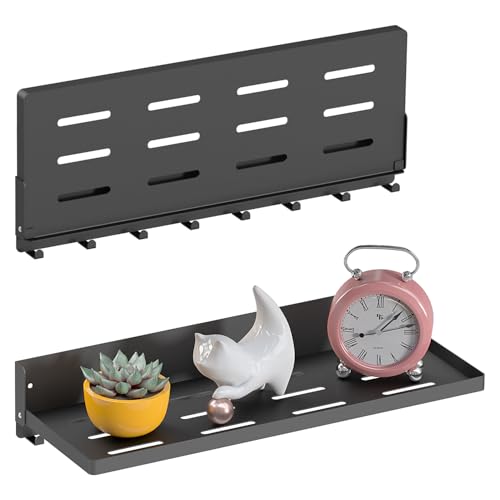 SKIKEN Folding Shelf with Hooks Wall Mount, Laundry Room Metal