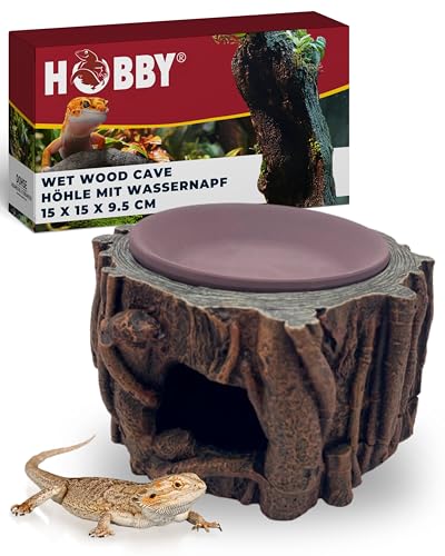 Hobby Wet Wood Cave Terrarium Deko Höhle I 15x15x9.5cm I 3-in-1 Reptilien Höhle, Wetbox & Trinkstation aus Polyresin I Mit Keramikschale zur Häutungsunterstützung I Natürliches Design & pflegeleicht