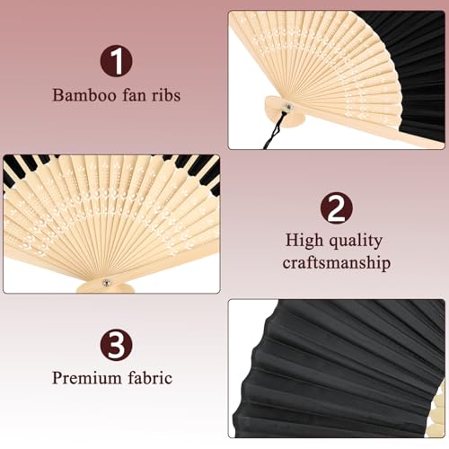 YOLCAR 2 Pack Black and White Silk Bamboo Folding Fans, Hand Fans for Line Dancing, DIY Decorative Fans for Performance, Wedding, Church and Party