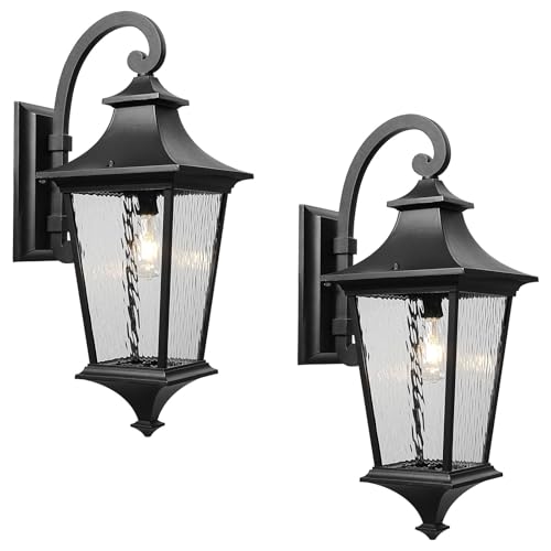 Image of Modern Outside Lights for House 14.6 Inch 2-Pack Porch Light Outdoor with Water Ripple Glass Black Exterior Light Fixtures E26 Socket Downward Installation