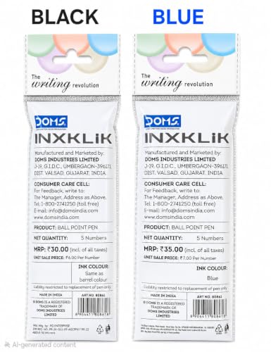 Image of Doms INXKLIK 0.7mm Ballpen Pack of 20 (Blue-15, Black-5)| Smooth Click, Non-Fading & Quick-Dry LV Ink Technology, Textured Grip For Smooth & Long Writing| 5 Vibrant Body Colours