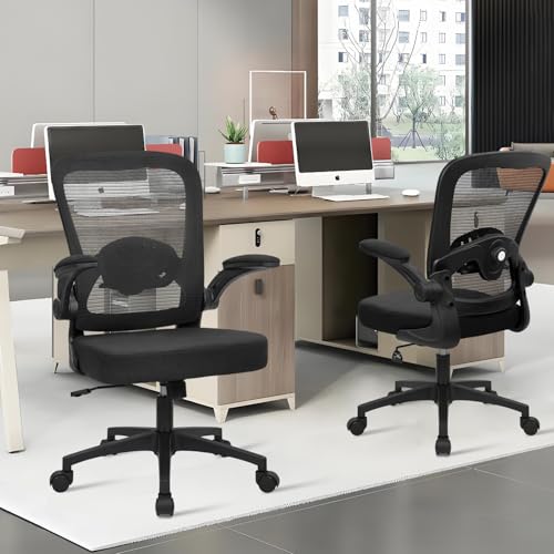 Image of KLASIKA Desk Chairs with Wheels, Ergonomic Mesh Back Home Office Chair Adjustable Lumbar Support and Height Swivel Rolling Computer Task Chairs with Flip Up Armrests for Conference Meeting, Black, 2PK