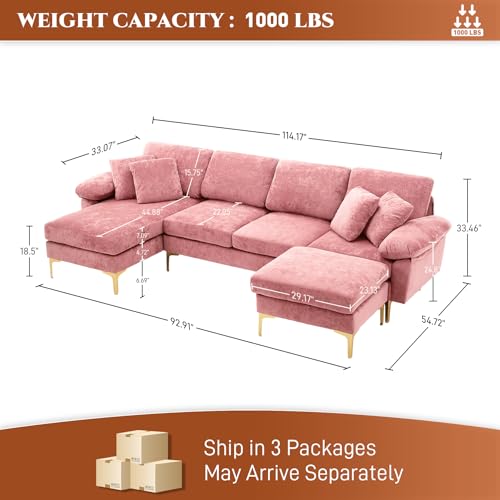 Image of OUYESSIR U-Shaped Sectional Sofa Couch, 4 Seat Sofa Set for Living Room, Convertible L-Shaped Velvet Couch Set with Chaise Lounge, Ottoman and Pillows,114 inches (Pink)