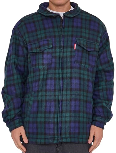 Image of LABEL APPAREL Men’s Fleece Shirt – Sherpa Lined Plaid Jacket with Full Zip, Chest & Side Pockets, Adjustable Buttoned Cuffs – Warm Check Flannel Overshirt for Autumn & Winter(Blue/Green XL
