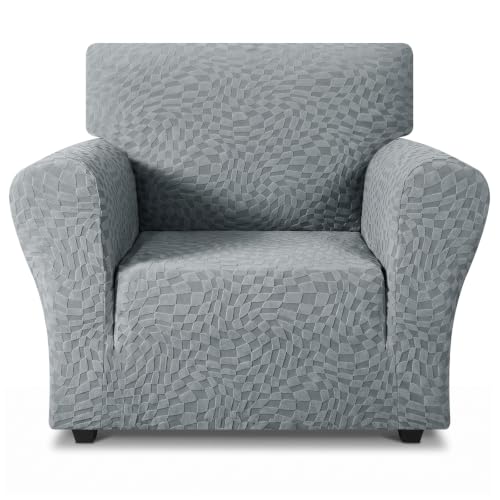 ZNSAYOTX 1 Piece Stretch Chair Cover with Arms (34"-44"), New Plaid Armchair Cover with Elastic Band for Living Room, Ultimate Soft Cozy Washable Chair Slipcover Form Fit Protector, Light Grey